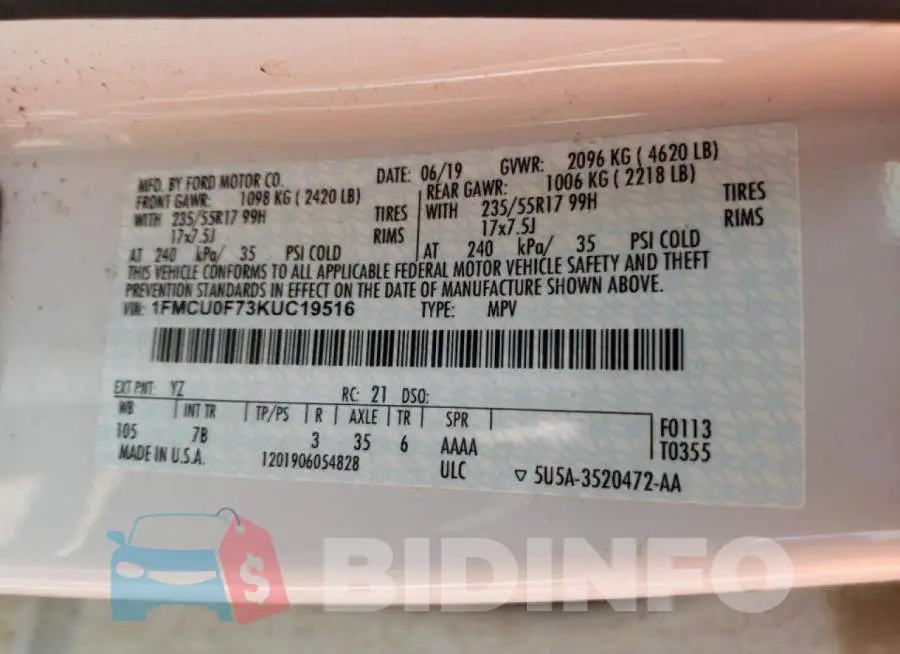 1FMCU0F73KUC19516 Photo# 10