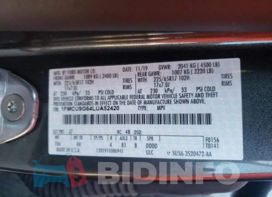 1FMCU9G64LUA52420 Photo# 10