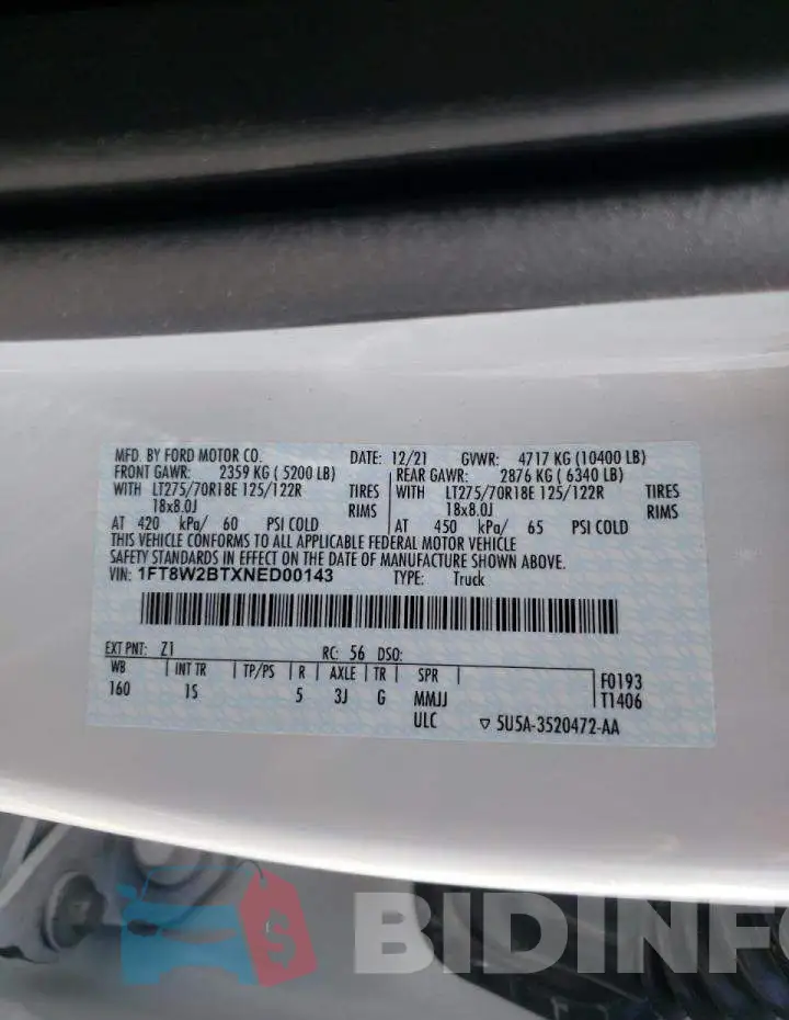 1FT8W2BTXNED00143 Photo# 10