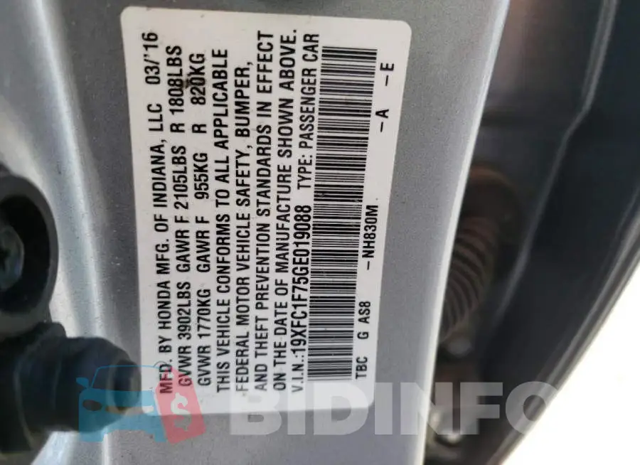 19XFC1F75GE019088 Photo# 10