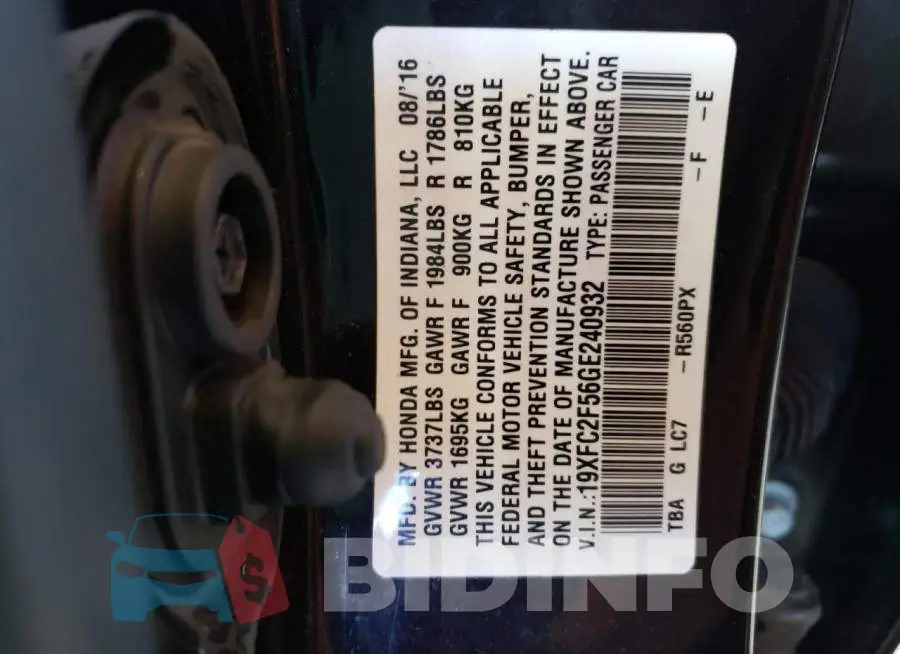 19XFC2F56GE240932 Photo# 10