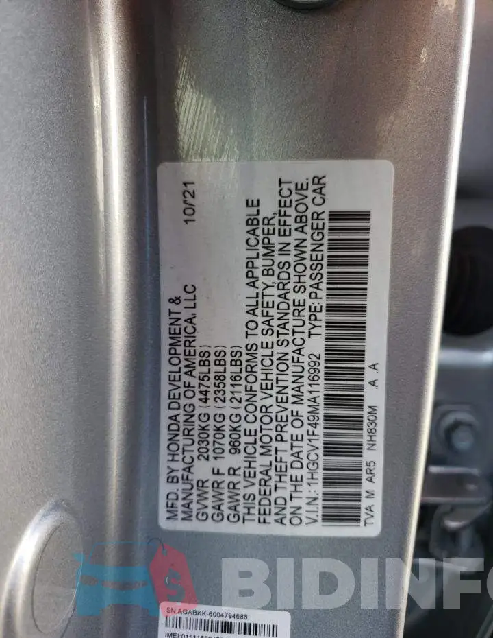 1HGCV1F49MA116992 Photo# 10