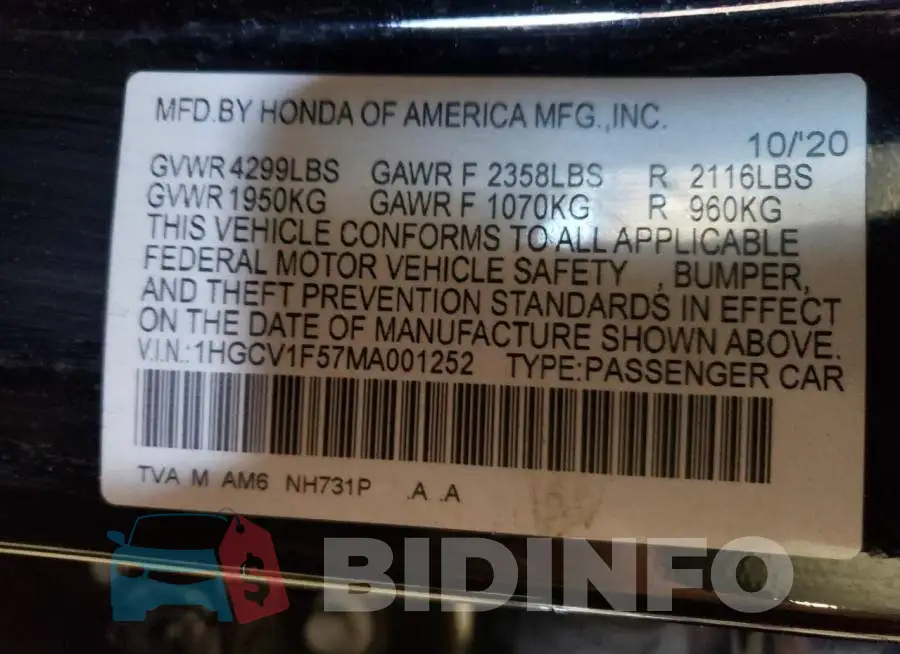 1HGCV1F57MA001252 Photo# 10