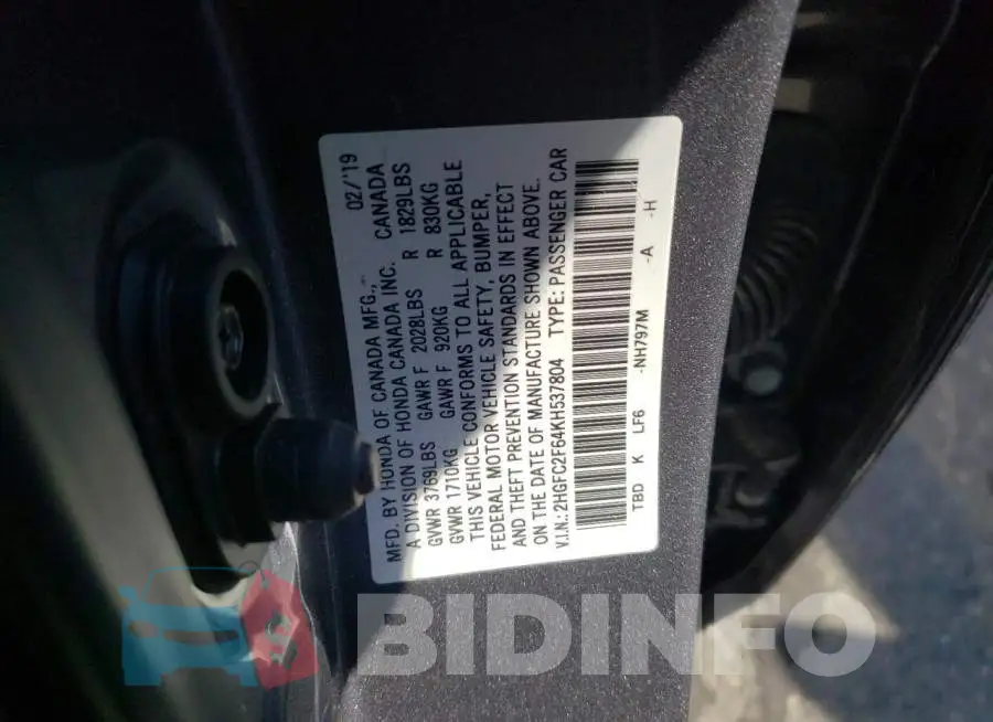 2HGFC2F64KH537804 Photo# 10