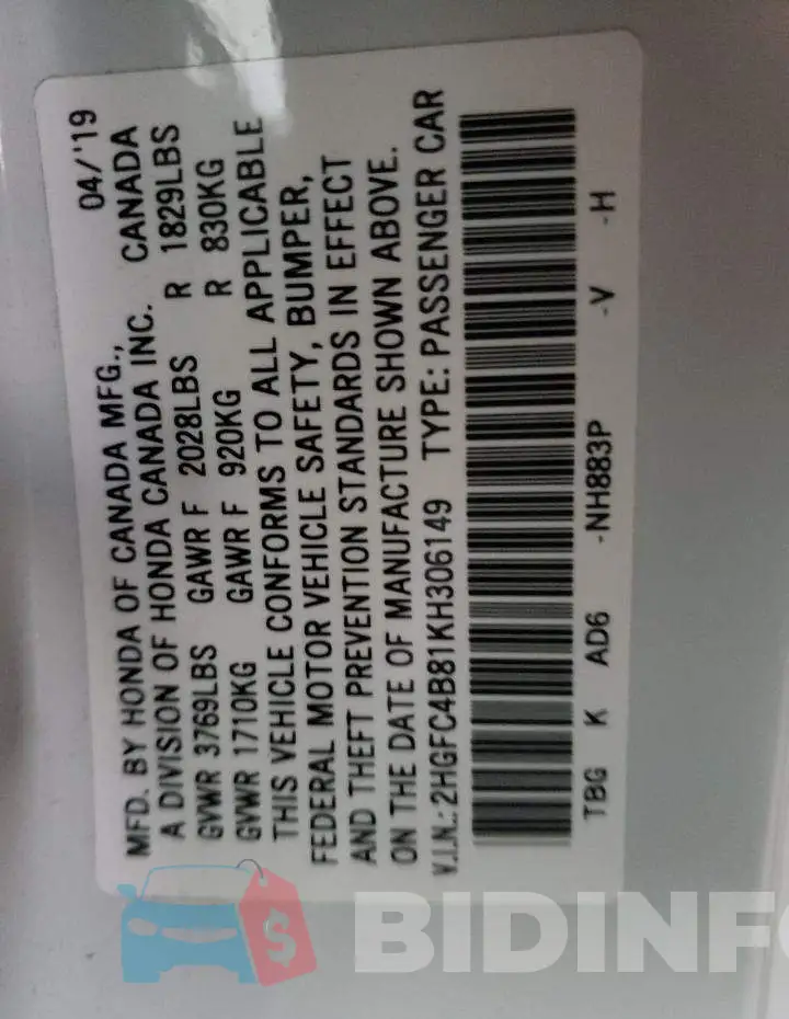 2HGFC4B81KH306149 Photo# 10