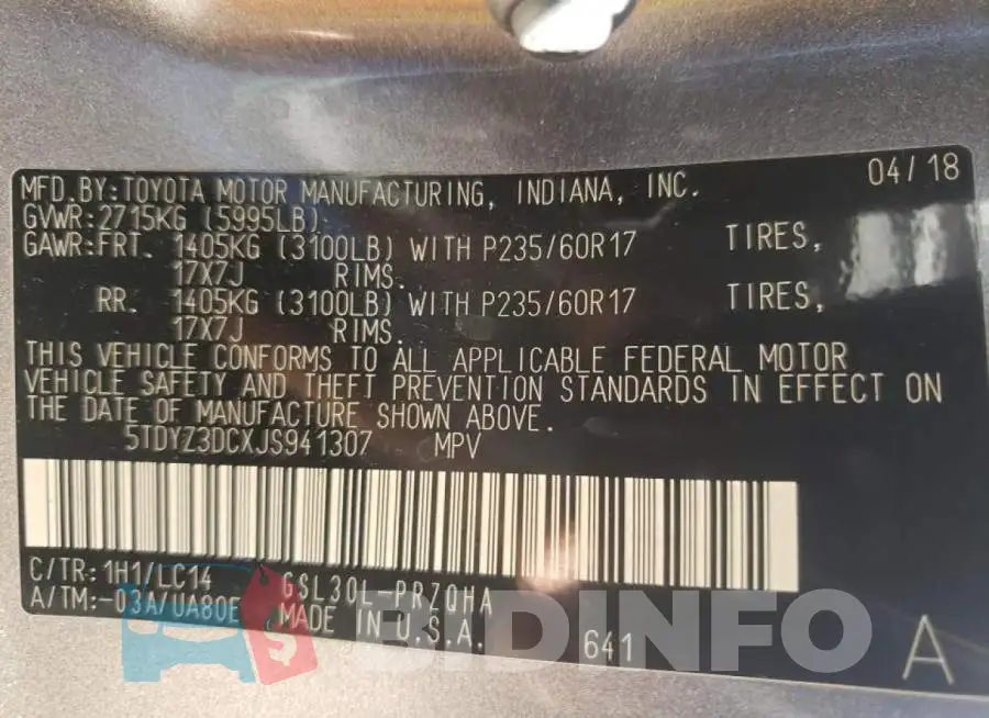 5TDYZ3DCXJS941307 Photo# 10