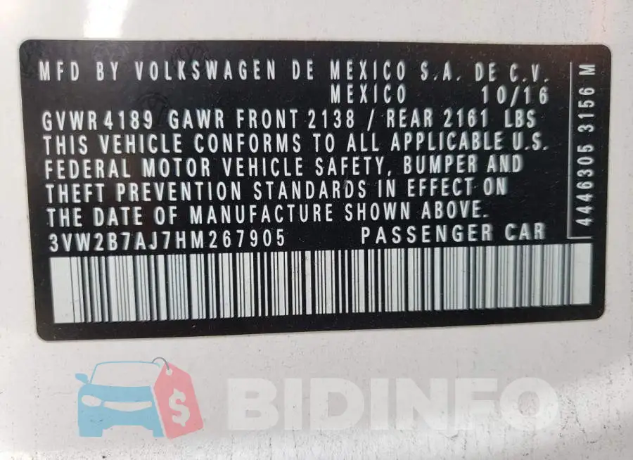 3VW2B7AJ7HM267905 Photo# 10