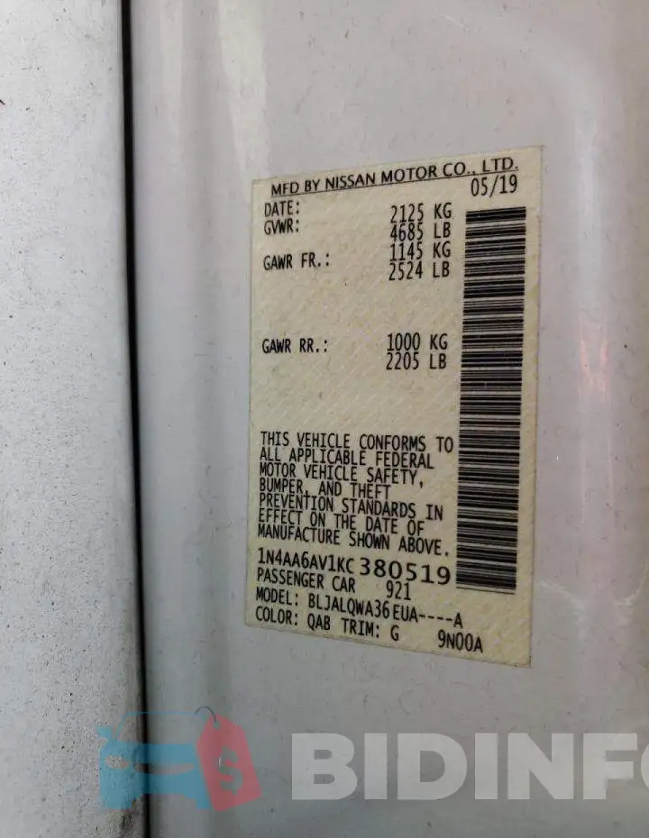 1N4AA6AV1KC380519 Photo# 10