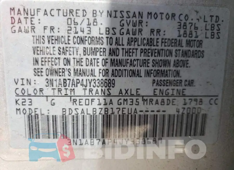3N1AB7AP4JY338689 Photo# 10