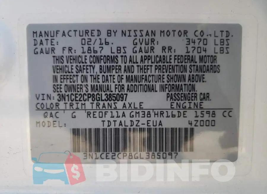 3N1CE2CP8GL385097 Photo# 10