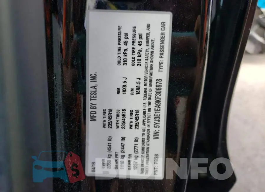 5YJ3E1EA9KF306978 Photo# 10
