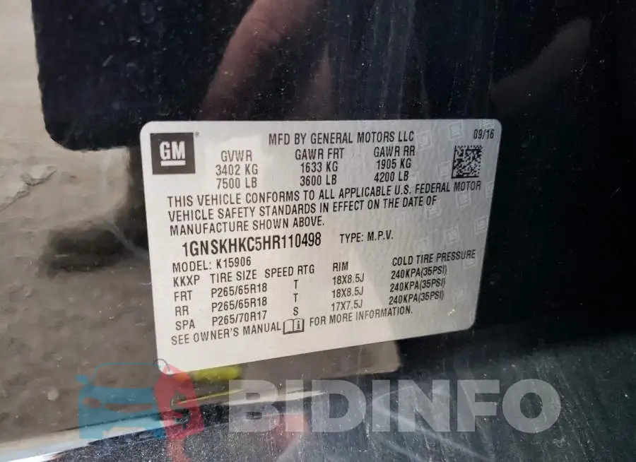 1GNSKHKC5HR110498 Photo# 10