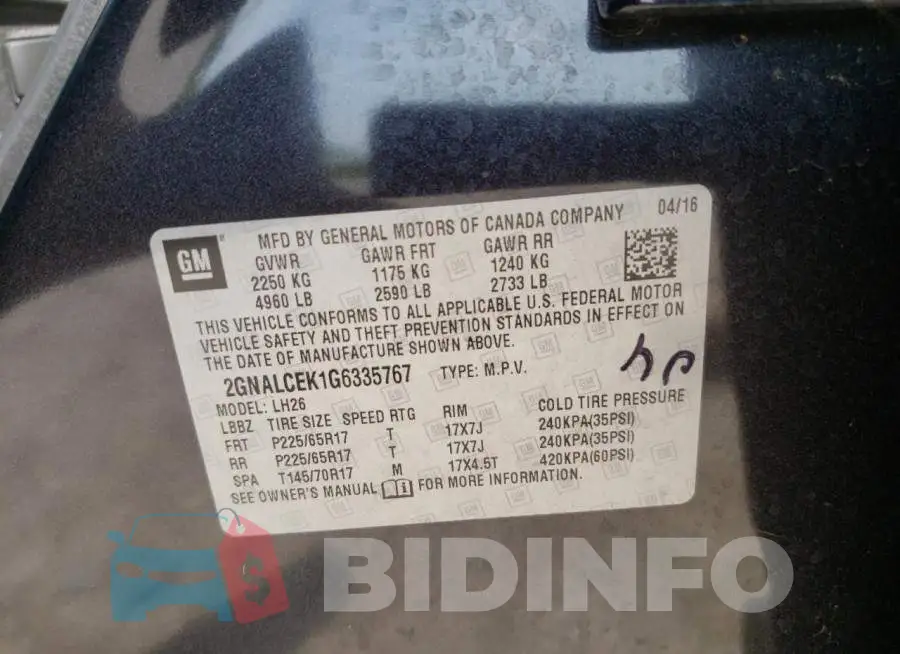 2GNALCEK1G6335767 Photo# 10