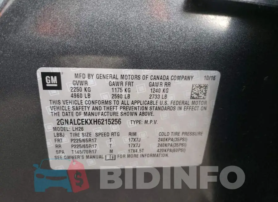 2GNALCEKXH6215256 Photo# 10