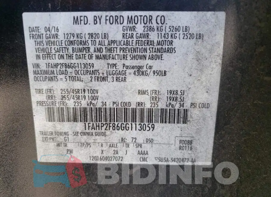 1FAHP2F86GG113059 Photo# 10