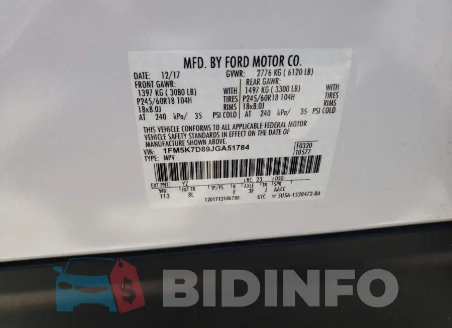 1FM5K7D89JGA51784 Photo# 10