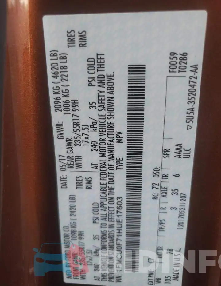 1FMCU0F71HUE17603 Photo# 10