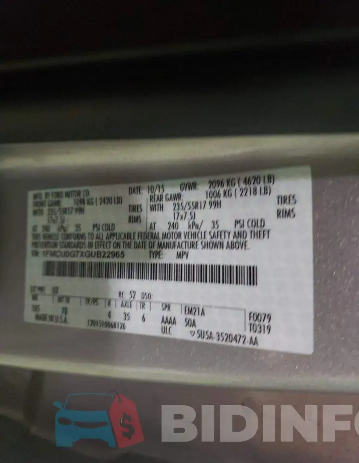 1FMCU0G7XGUB22965 Photo# 10