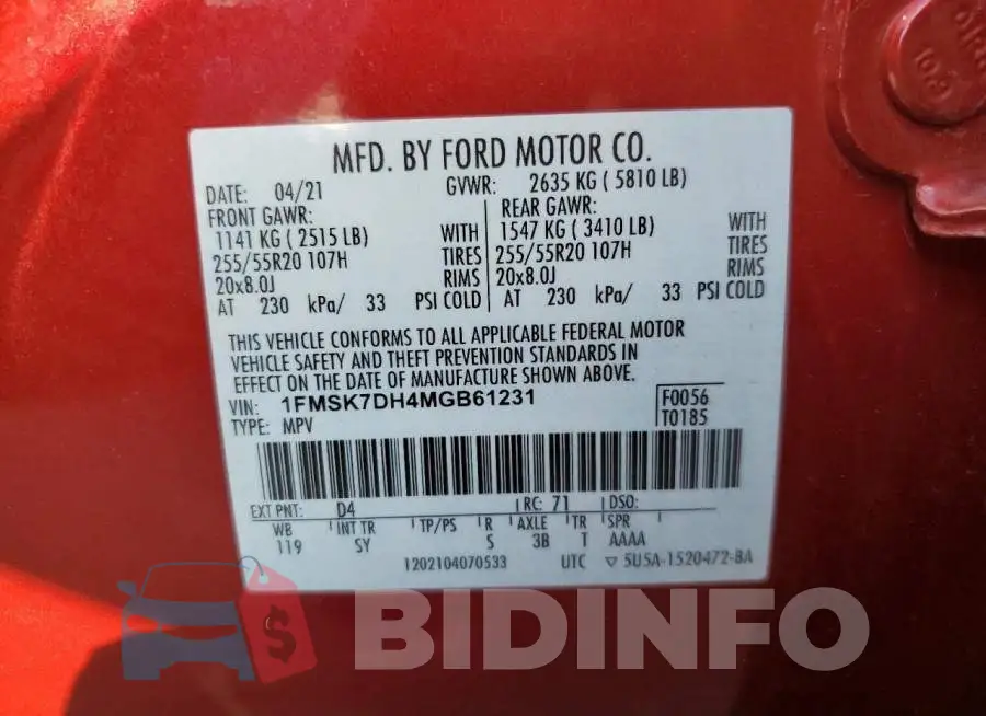 1FMSK7DH4MGB61231 Photo# 10