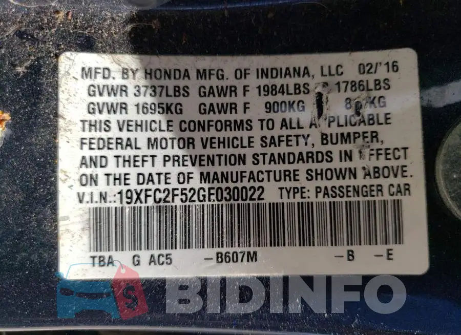 19XFC2F52GE030022 Photo# 10