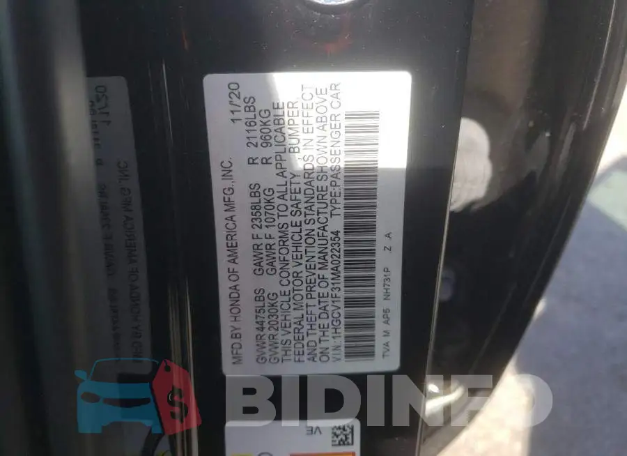 1HGCV1F31MA022354 Photo# 10