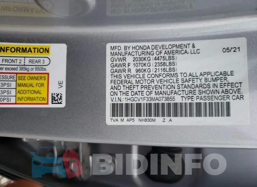 1HGCV1F33MA073855 Photo# 10