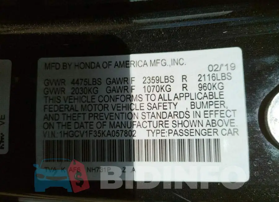 1HGCV1F35KA057802 Photo# 10