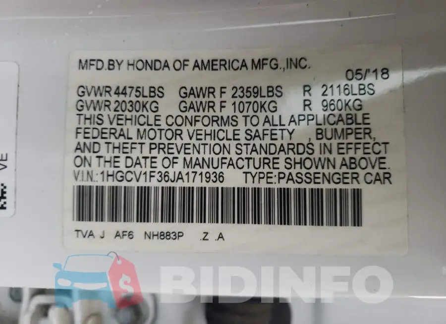 1HGCV1F36JA171936 Photo# 10