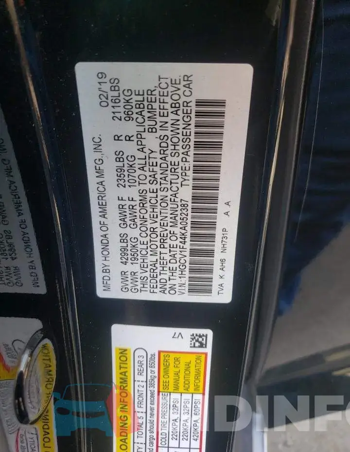 1HGCV1F44KA052387 Photo# 10