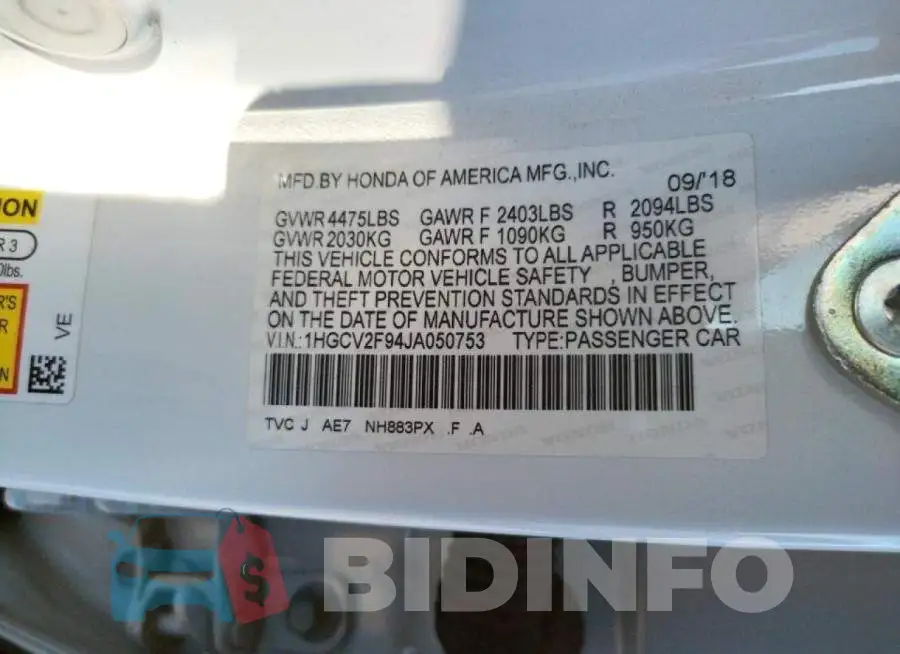 1HGCV2F94JA050753 Photo# 10