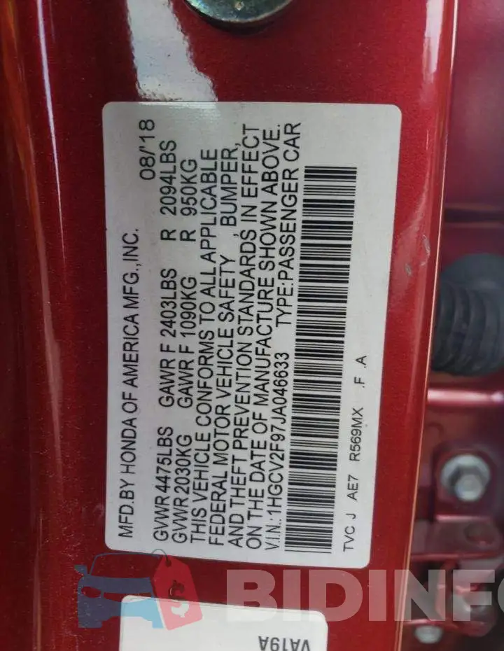 1HGCV2F97JA046633 Photo# 10