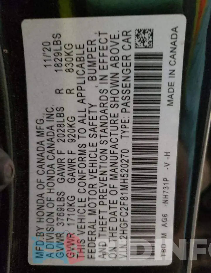 2HGFC2F81MH520270 Photo# 10