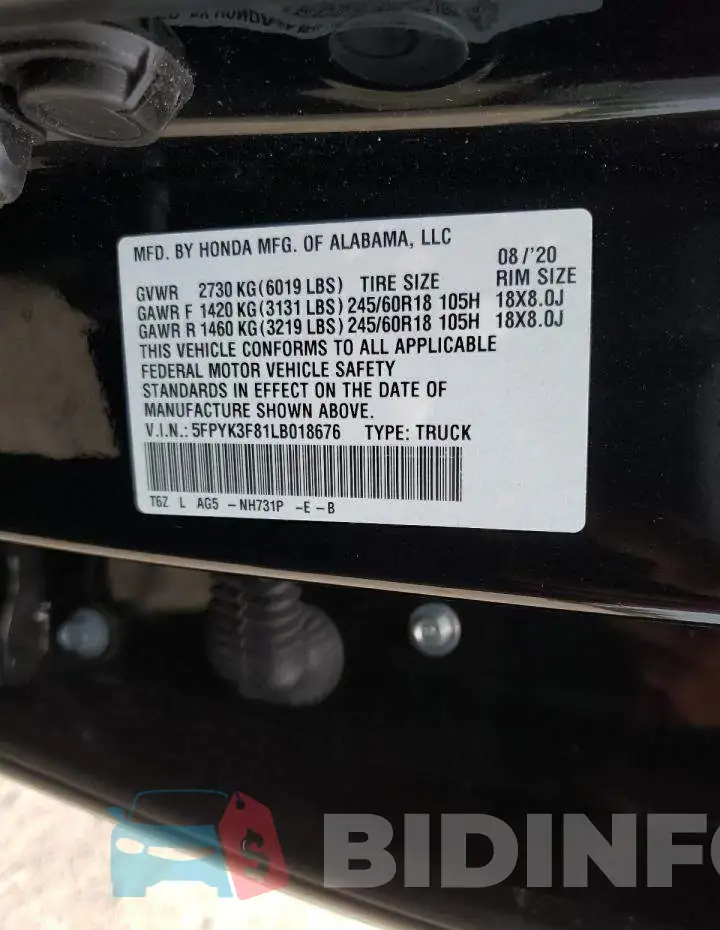 5FPYK3F81LB018676 Photo# 10