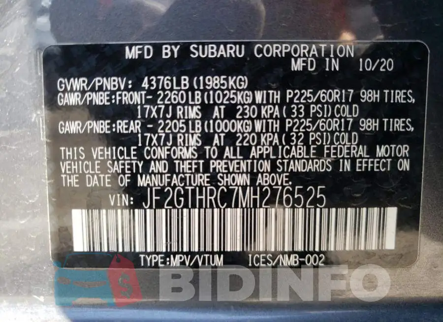 JF2GTHRC7MH276525 Photo# 10