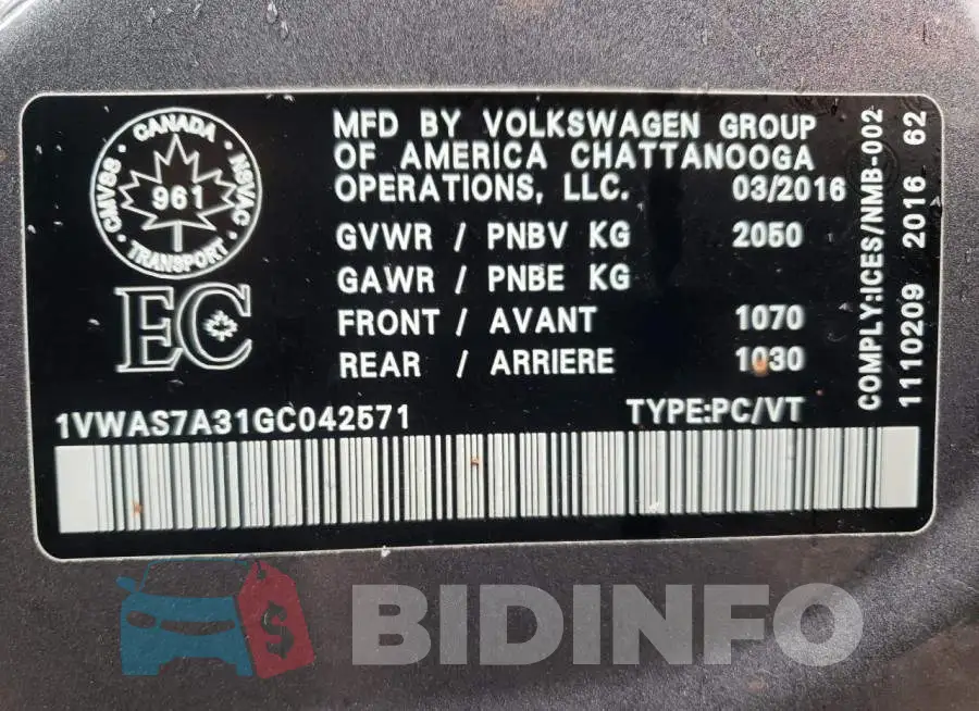 1VWAS7A31GC042571 Photo# 10