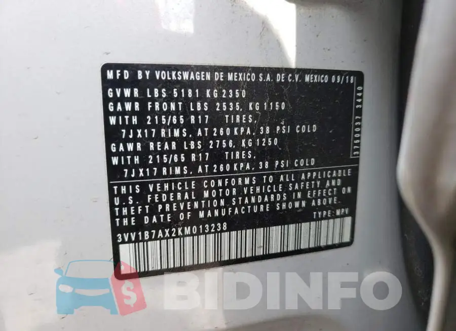 3VV1B7AX2KM013238 Photo# 10