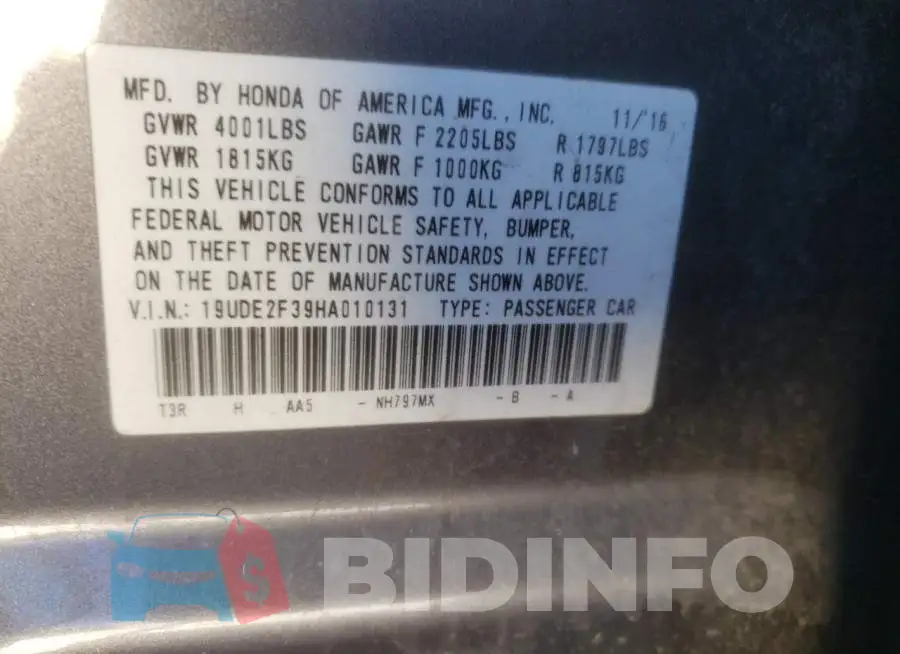 19UDE2F39HA010131 Photo# 10