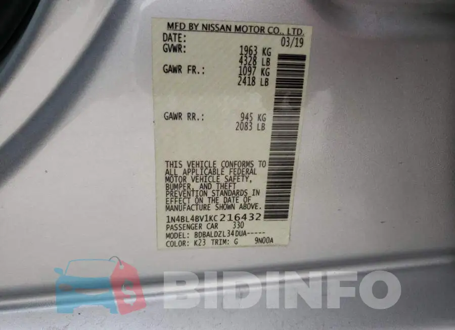 1N4BL4BV1KC216432 Photo# 10