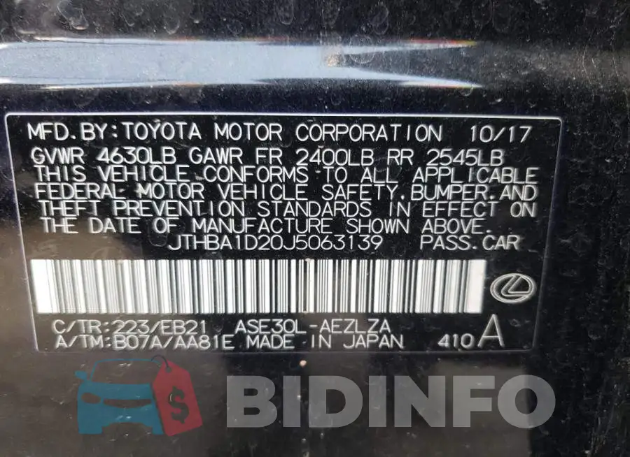 JTHBA1D20J5063139 Photo# 10