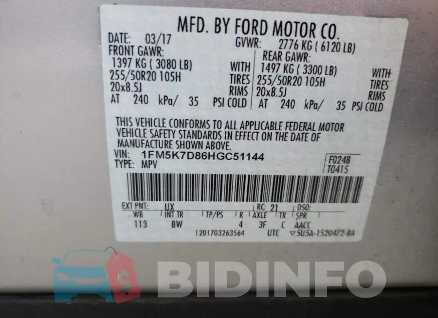 1FM5K7D86HGC51144 Photo# 10