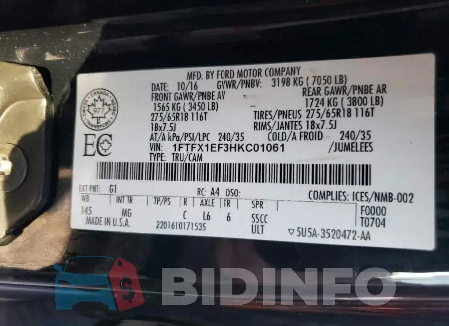 1FTFX1EF3HKC01061 Photo# 10