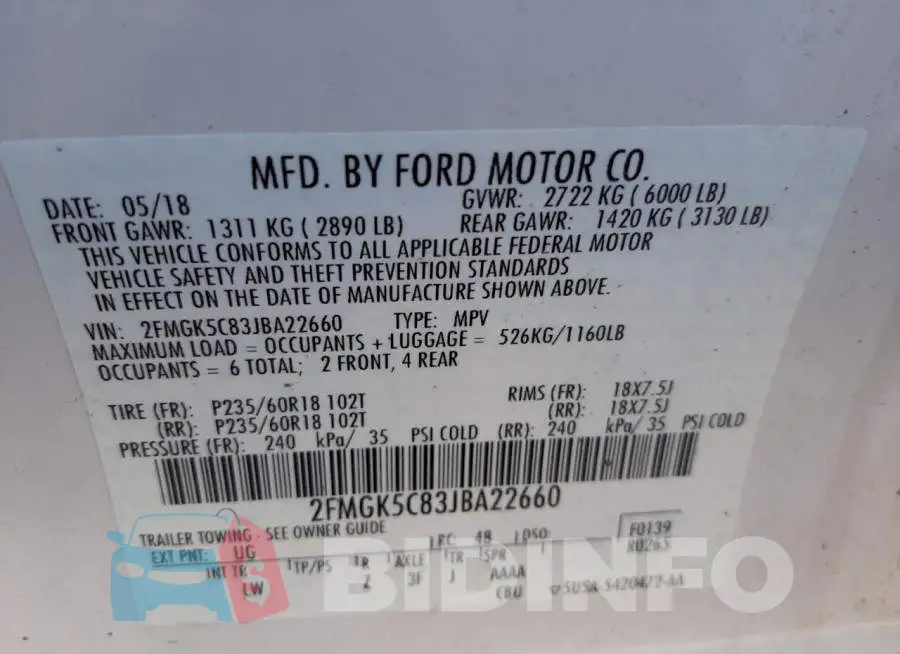 2FMGK5C83JBA22660 Photo# 10