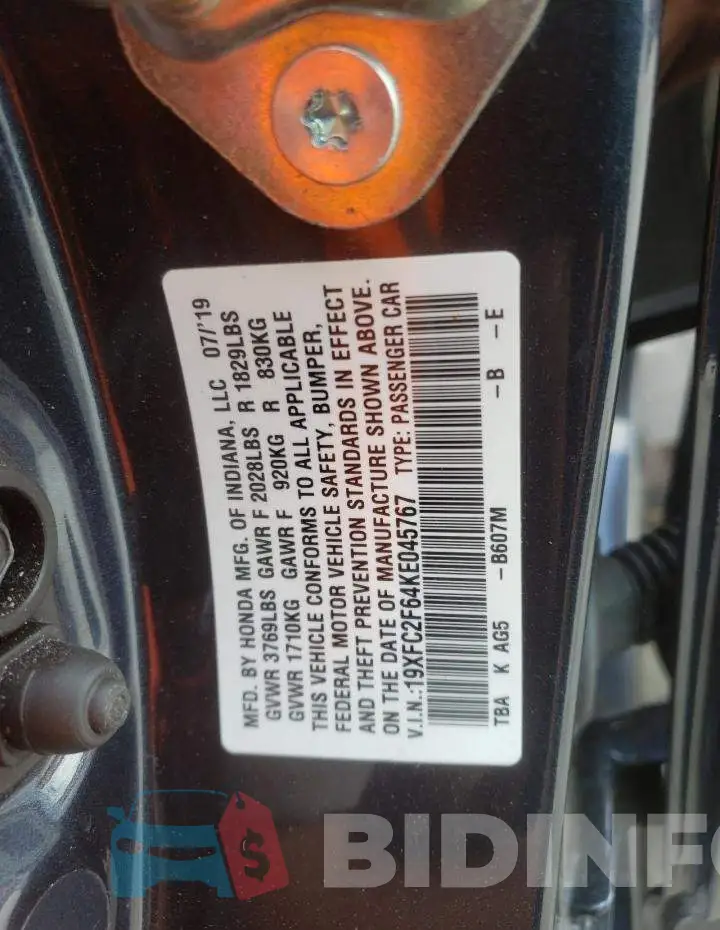 19XFC2F64KE045767 Photo# 10