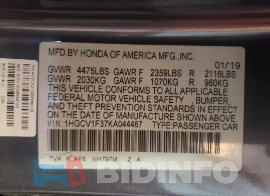 1HGCV1F37KA044467 Photo# 10