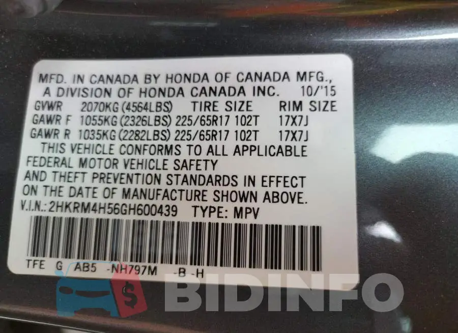 2HKRM4H56GH600439 Photo# 10