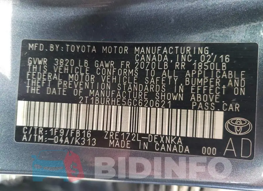 2T1BURHE5GC620621 Photo# 10