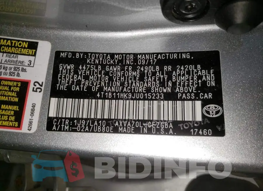 4T1B11HK9JU015233 Photo# 10