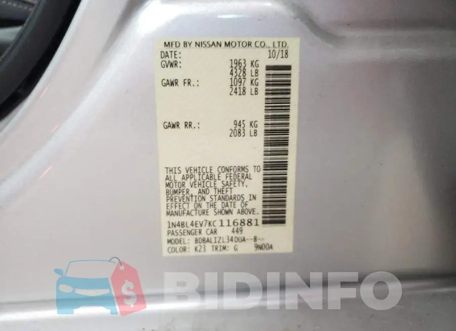 1N4BL4EV7KC116881 Photo# 10