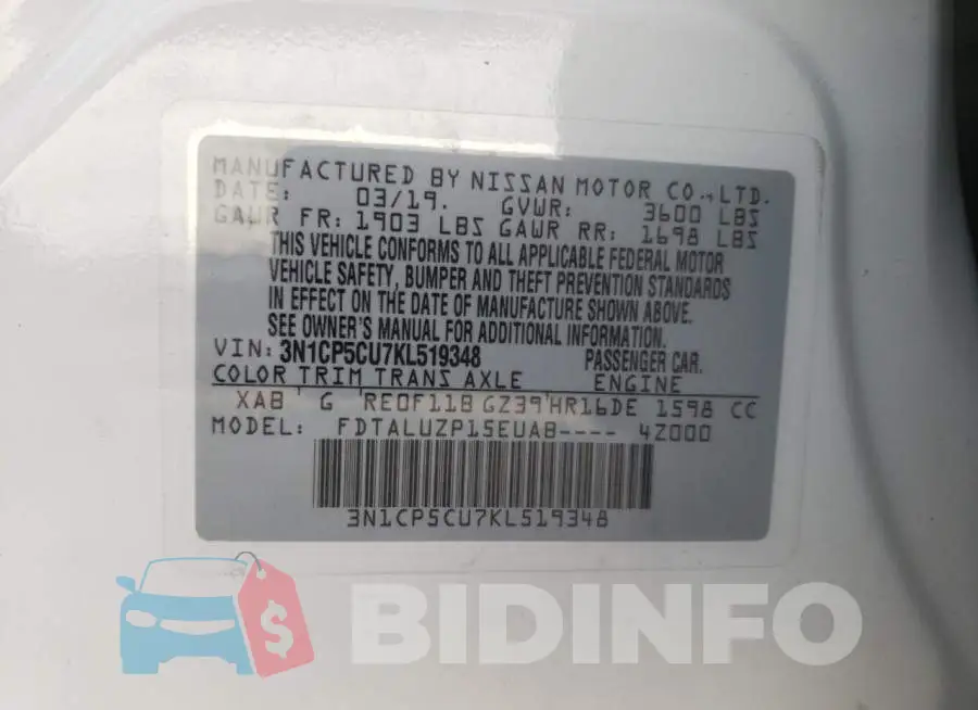 3N1CP5CU7KL519348 Photo# 10