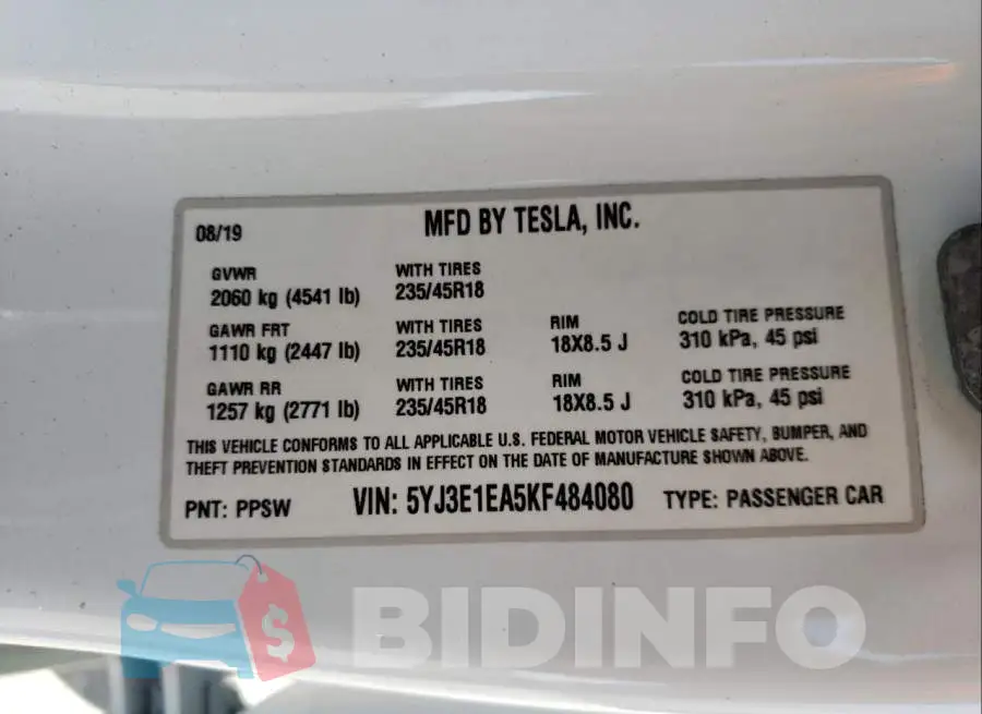 5YJ3E1EA5KF484080 Photo# 10